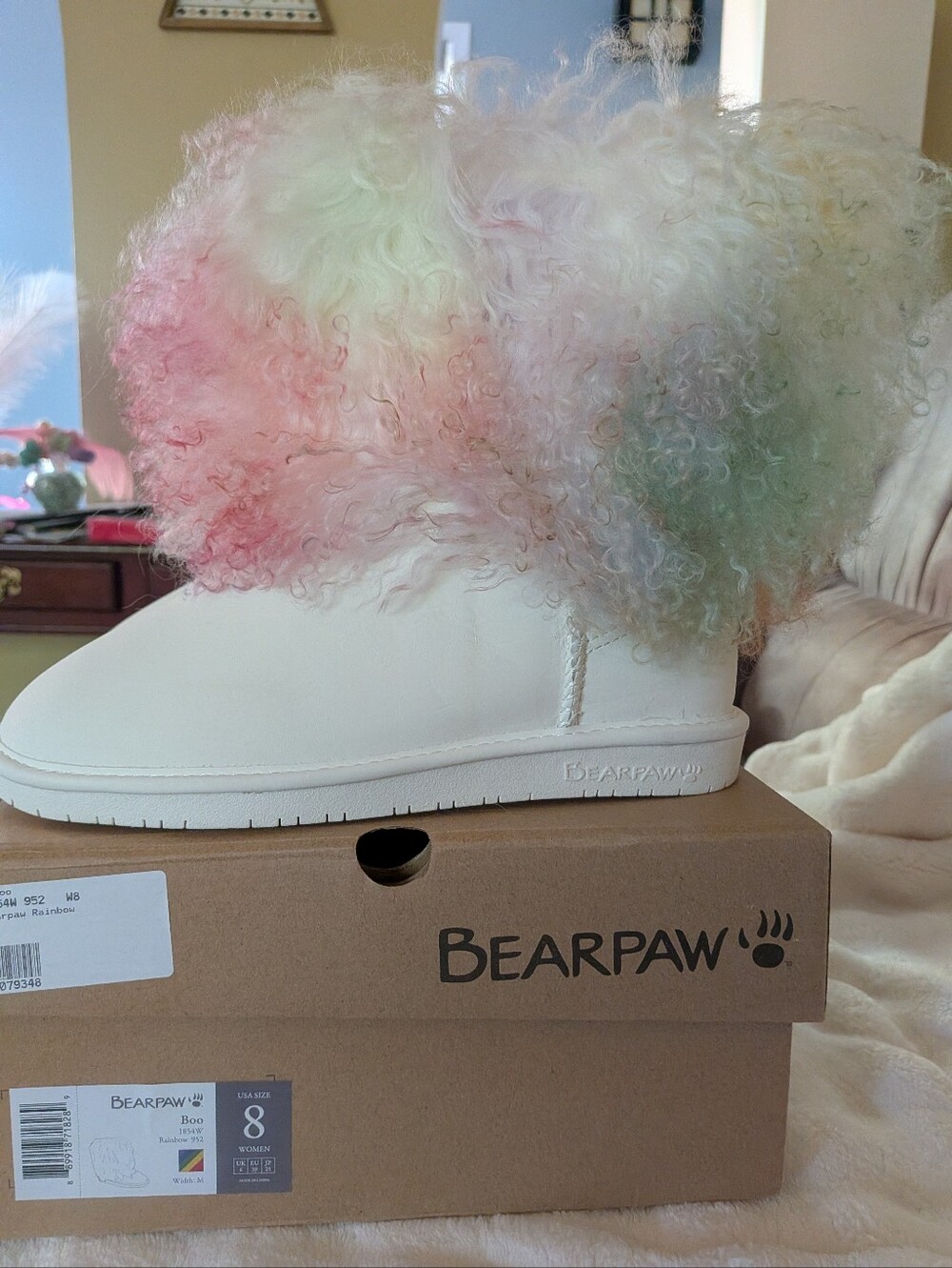 BearPaw Women's Rainbow Curly Fur Boot - White with Pastel Accents